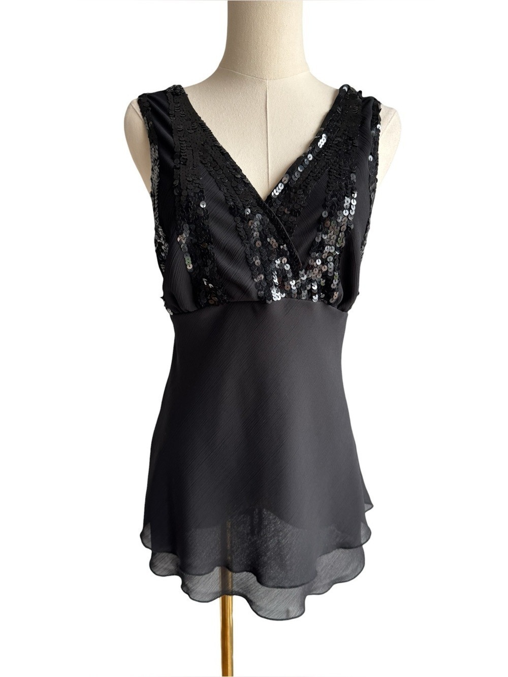 Y2K Sequin Babydoll Party Top Sz M Black Chiffon Sheer Overlay Sleeveless Blouse